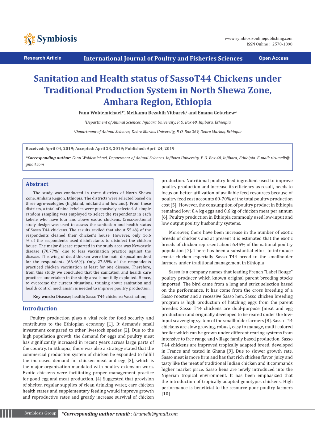 Sanitation and Health Status of Sassot44 Chickens Under Traditional Production System in North Shewa Zone, Amhara Region, Ethiop