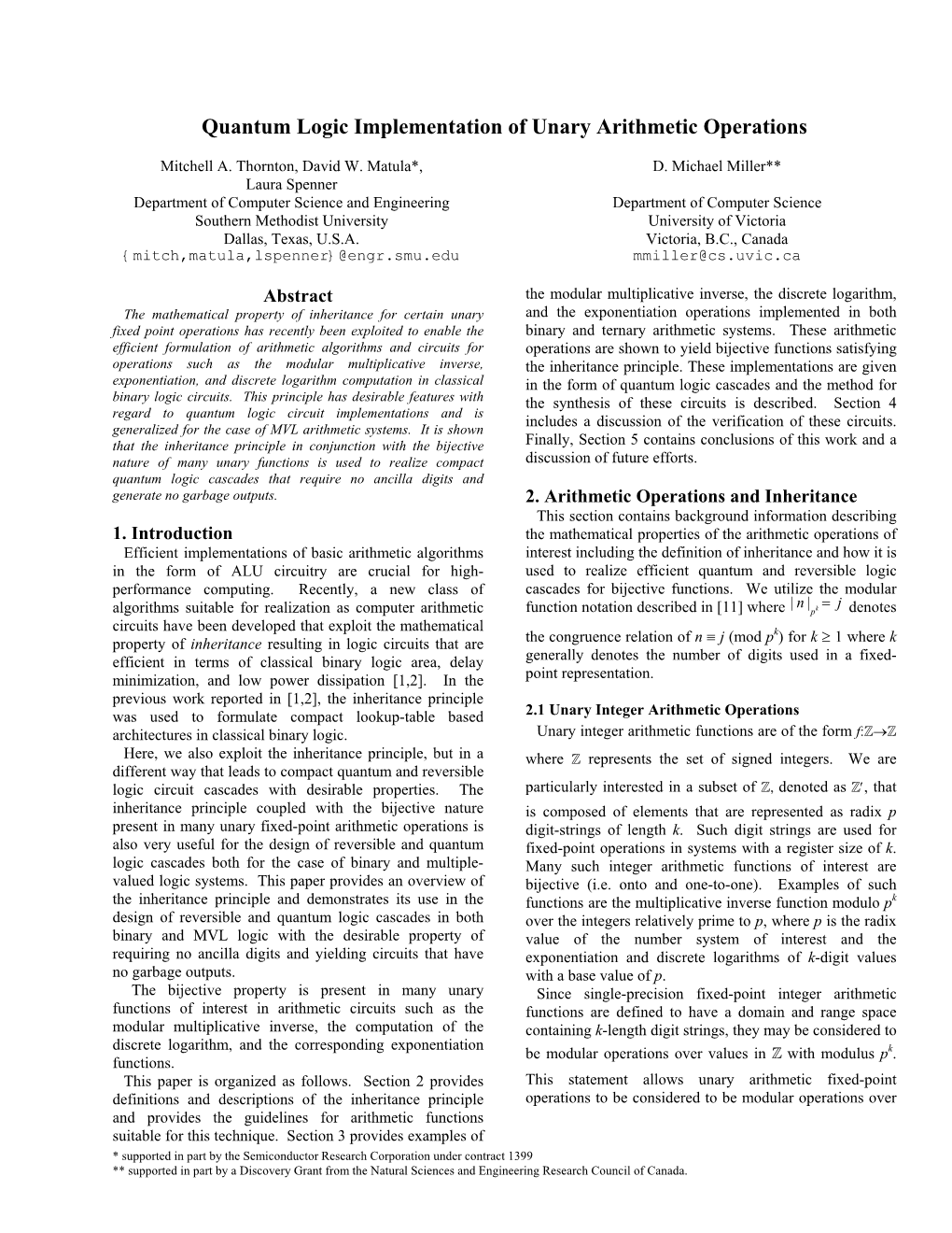 Quantum Logic Implementation of Unary Arithmetic Operations