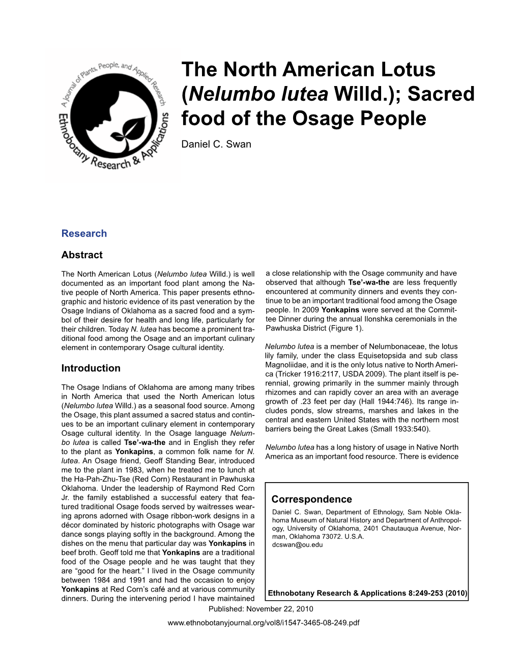The North American Lotus (Nelumbo Lutea Willd.); Sacred Food of the Osage People Daniel C
