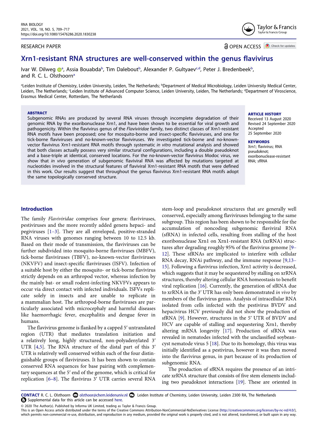 Xrn1-Resistant RNA Structures Are Well-Conserved Within the Genus Flavivirus Ivar W