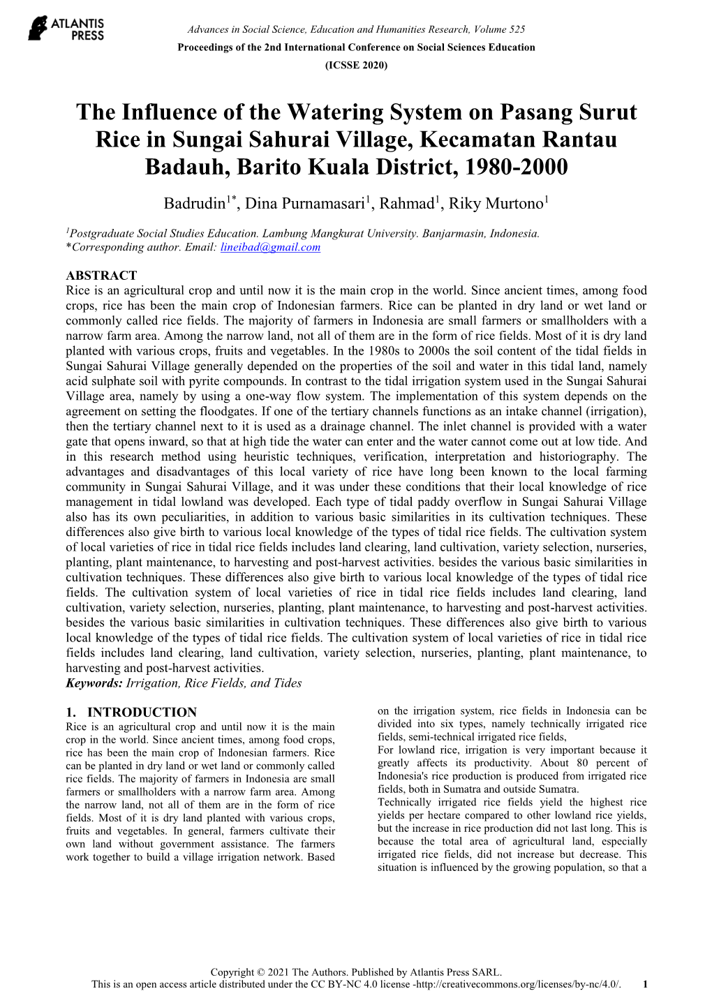 The Influence of the Watering System on Pasang Surut Rice in Sungai Sahurai Village, Kecamatan Rantau Badauh, Barito Kuala District, 1980-2000