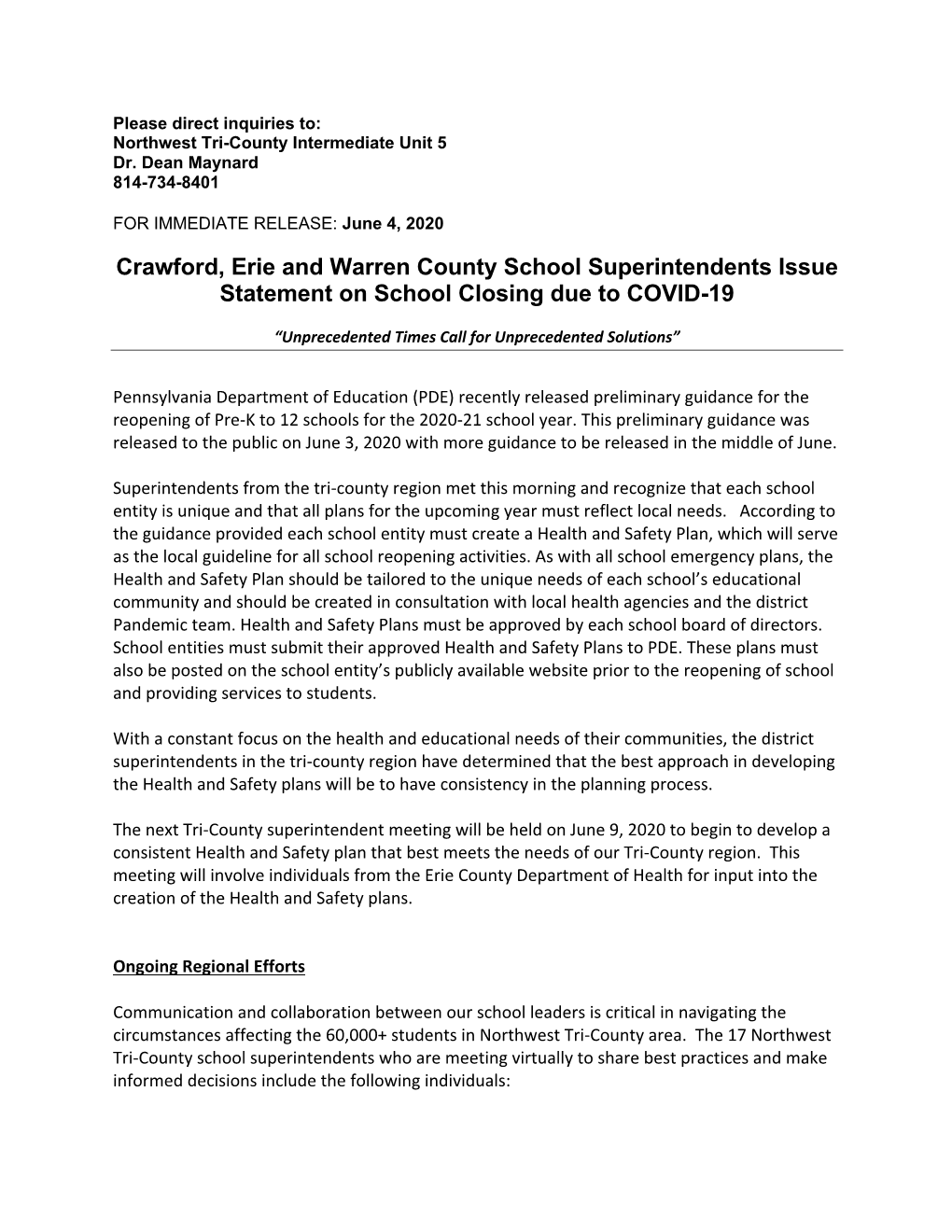 Crawford, Erie and Warren County School Superintendents Issue Statement on School Closing Due to COVID-19