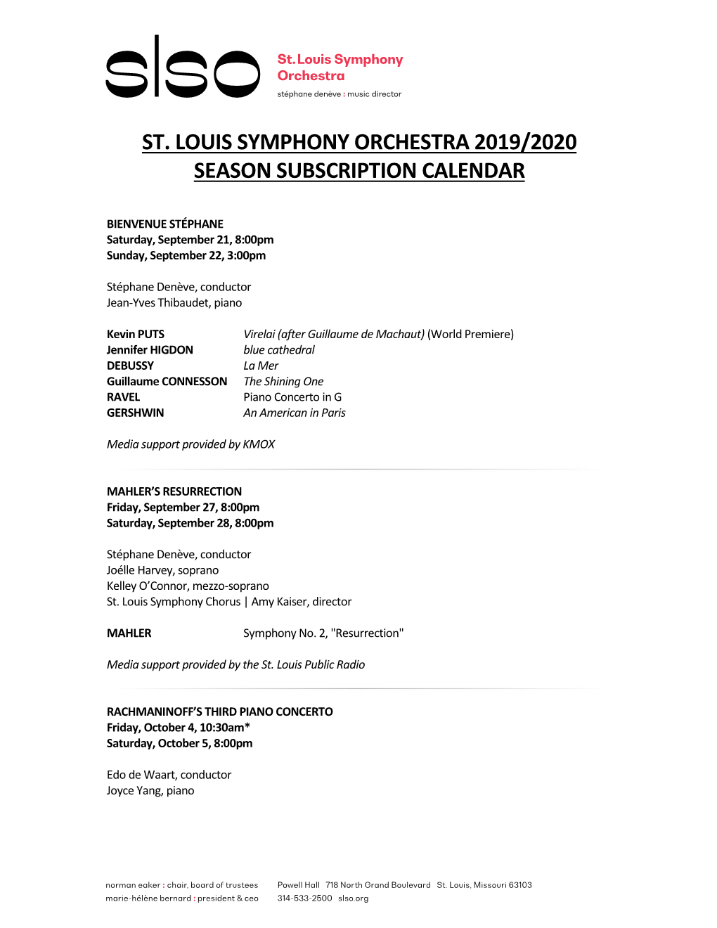 St. Louis Symphony Orchestra 2019/2020 Season Subscription Calendar