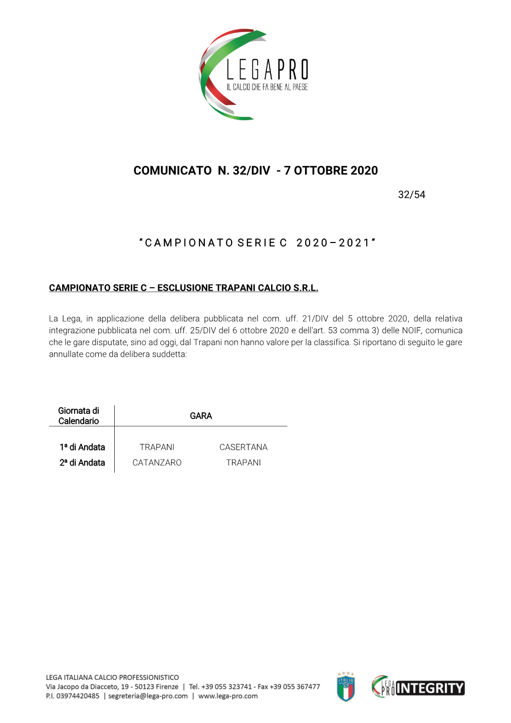Comunicato N. 32/Div - 7 Ottobre 2020