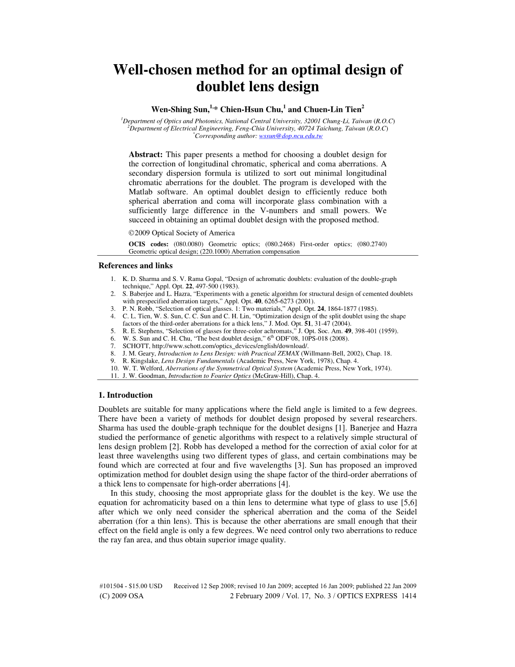 Well-Chosen Method for an Optimal Design of Doublet Lens Design