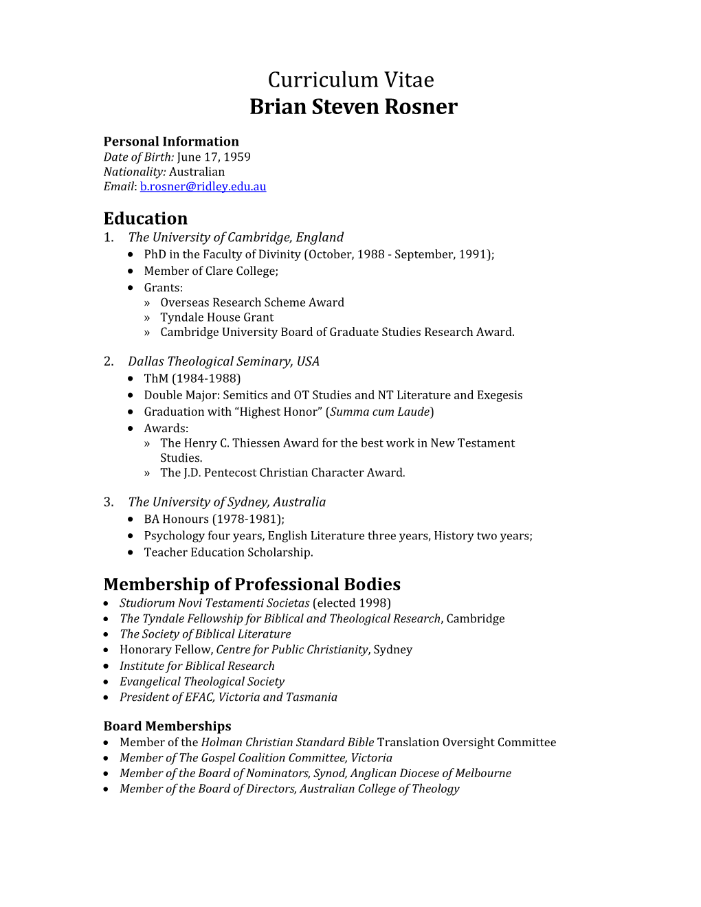 Curriculum Vitae Brian Steven Rosner