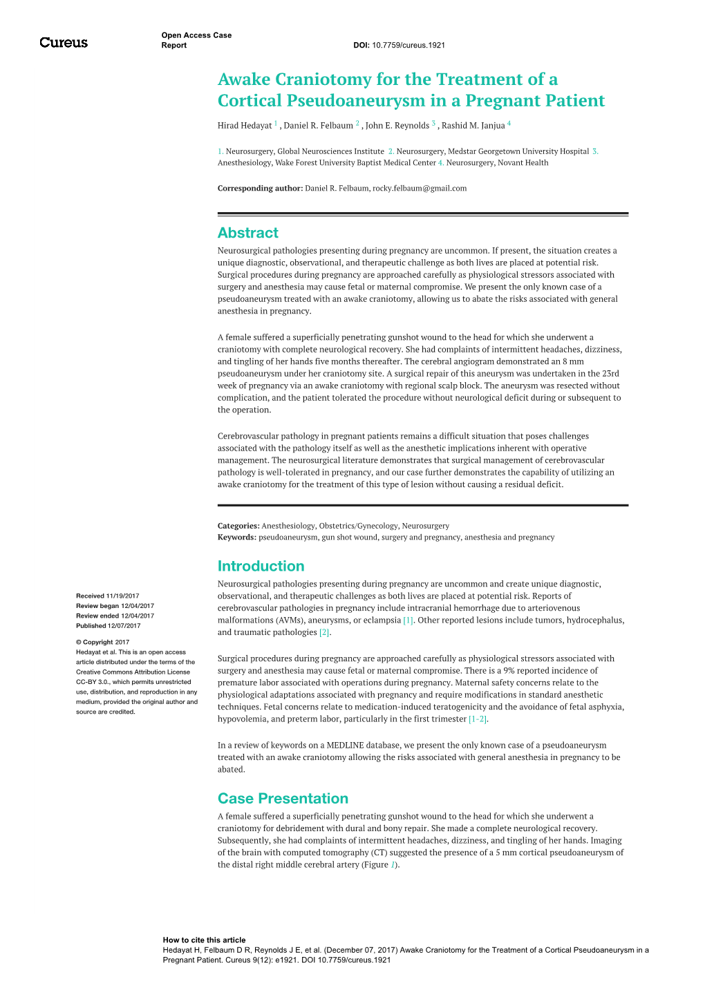 Awake Craniotomy for the Treatment of a Cortical Pseudoaneurysm in a Pregnant Patient