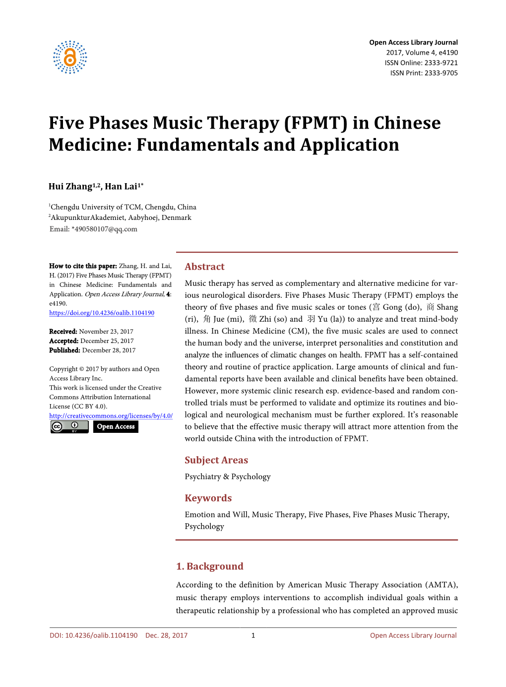 Five Phases Music Therapy (FPMT) in Chinese Medicine: Fundamentals and Application