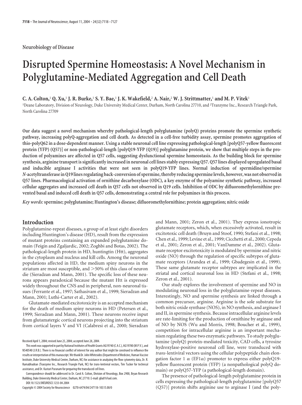 Disrupted Spermine Homeostasis: a Novel Mechanism in Polyglutamine-Mediated Aggregation and Cell Death