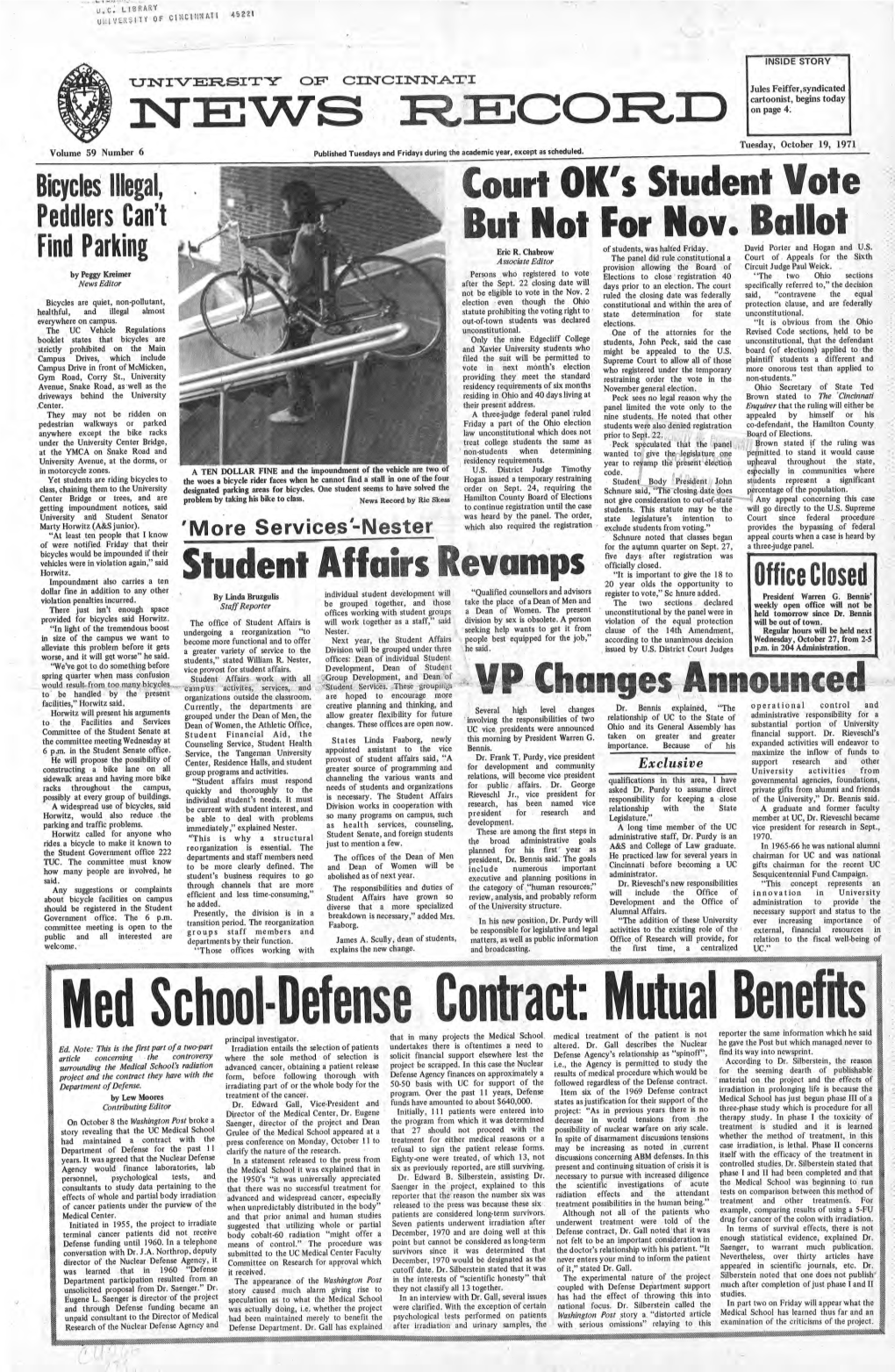 University of Cincinnati News Record. Tuesday, October 19, 1971. Vol. 59