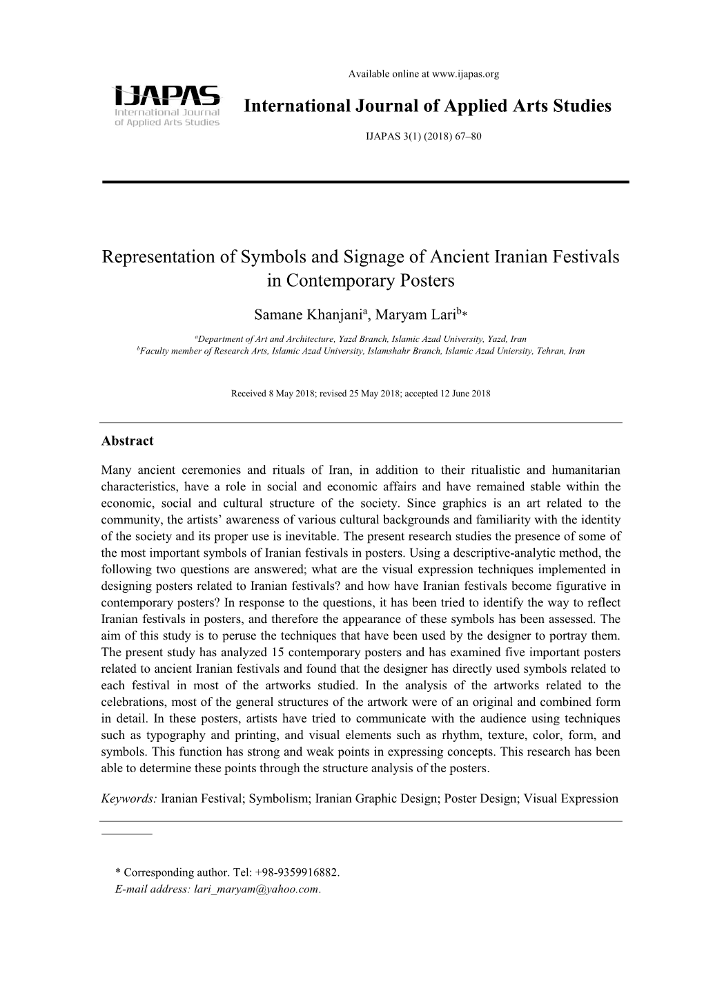 International Journal of Applied Arts Studies Representation of Symbols and Signage of Ancient Iranian Festivals in Contemporary