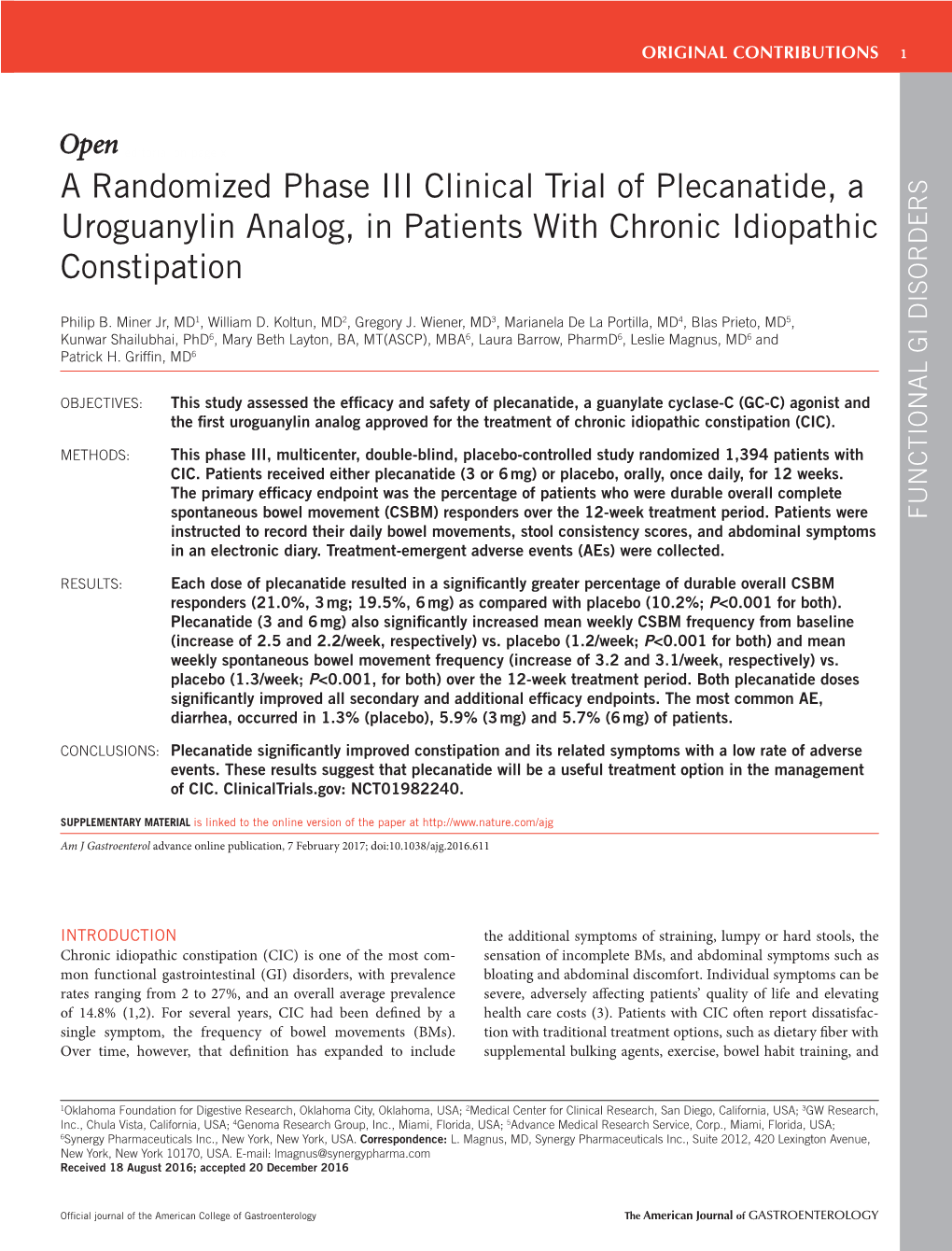 A Randomized Phase III Clinical Trial of Plecanatide, a Uroguanylin Analog, in Patients with Chronic Idiopathic Constipation