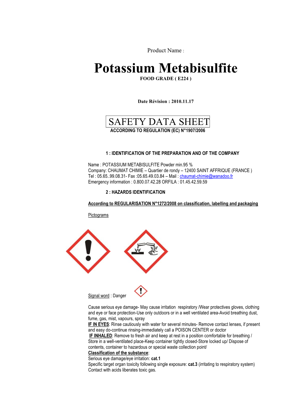 Potassium Metabisulfite Chaumat Chimie