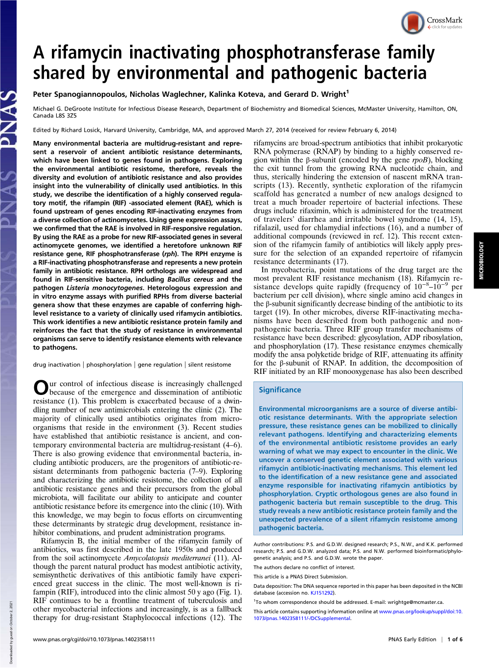 A Rifamycin Inactivating Phosphotransferase Family Shared by Environmental and Pathogenic Bacteria