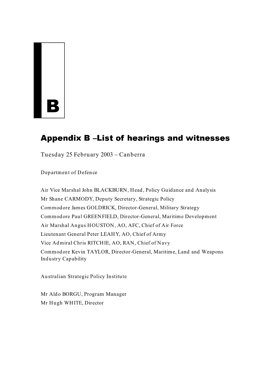 Appendix B: List of Hearings and Witnesses