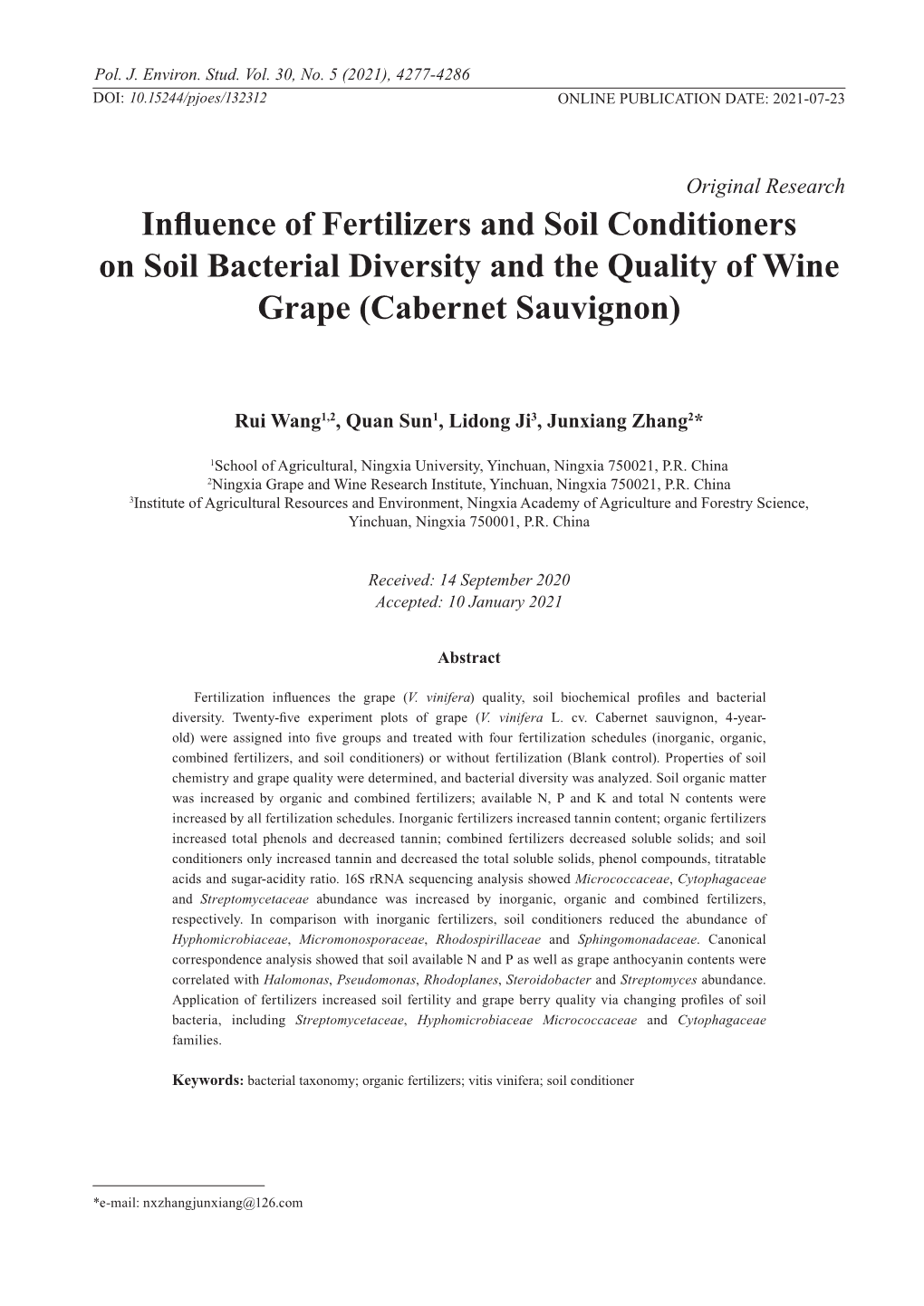 Influence of Fertilizers and Soil Conditioners on Soil Bacterial Diversity and the Quality of Wine Grape (Cabernet Sauvignon)