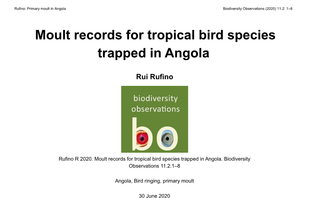 Moult Records for Tropical Bird Species Trapped in Angola