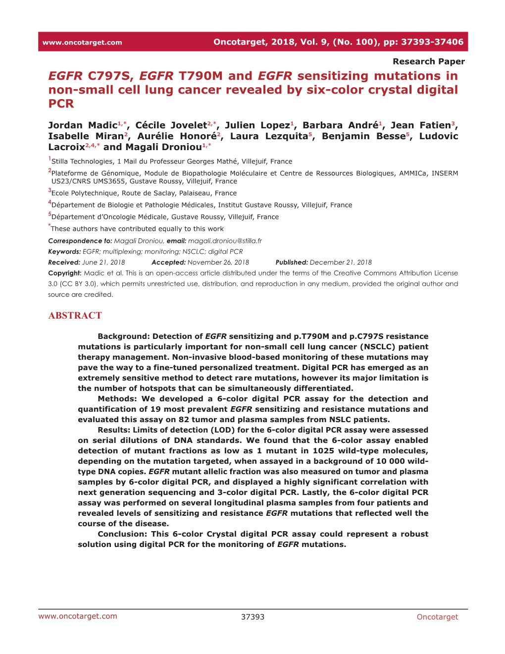 EGFR C797S, EGFR T790M and EGFR Sensitizing Mutations in Non-Small Cell Lung Cancer Revealed by Six-Color Crystal Digital PCR