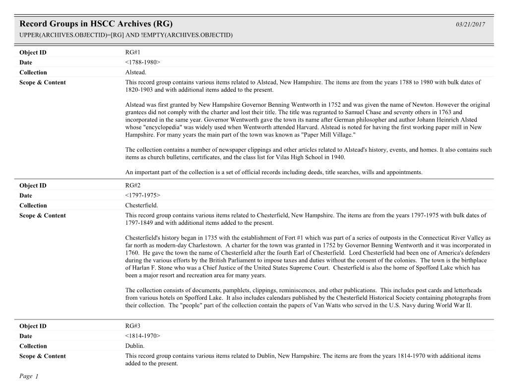 Record Groups in HSCC Archives (RG) 03/21/2017 UPPER(ARCHIVES.OBJECTID)=[RG] and !EMPTY(ARCHIVES.OBJECTID)