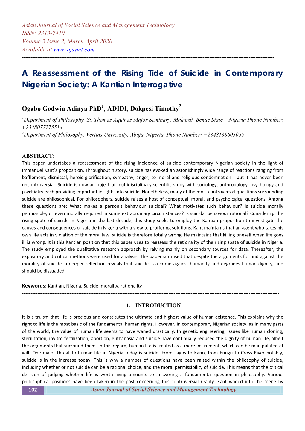 A Reassessment of the Rising Tide of Suicide in Contemporary Nigerian Society: a Kantian Interrogative