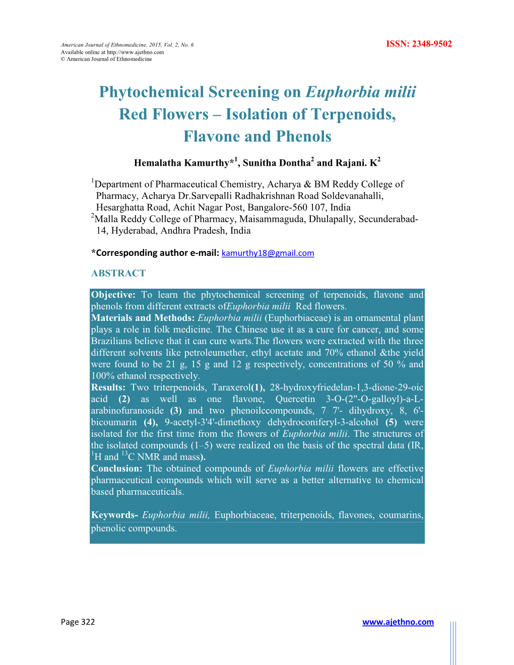 Phytochemical Screening on Euphorbia Milii Red Flowers – Isolation of Terpenoids, Flavone and Phenols