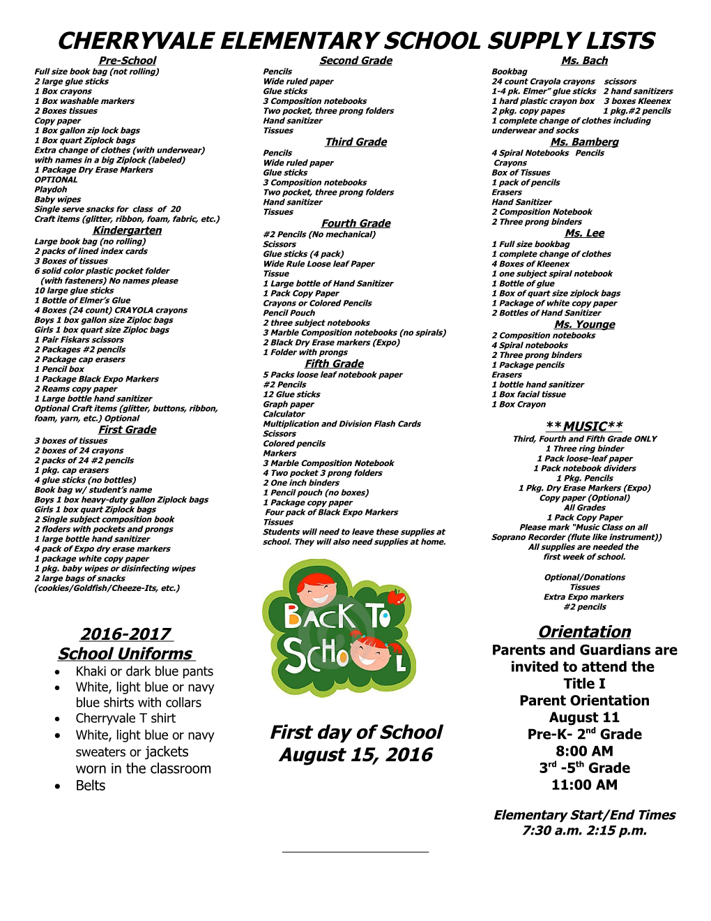 Cherryvale Elementary School Supply Lists