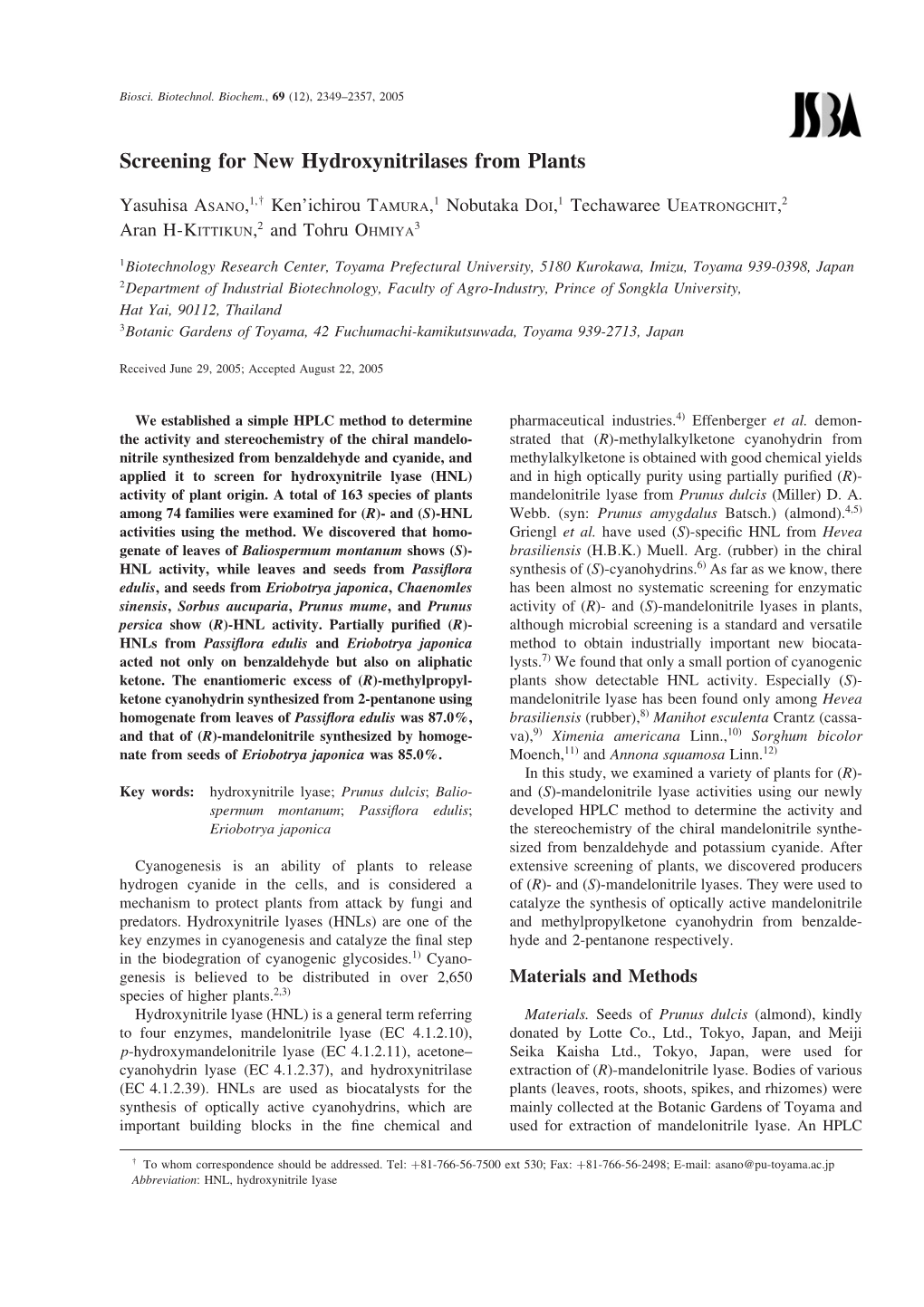 Screening for New Hydroxynitrilases from Plants