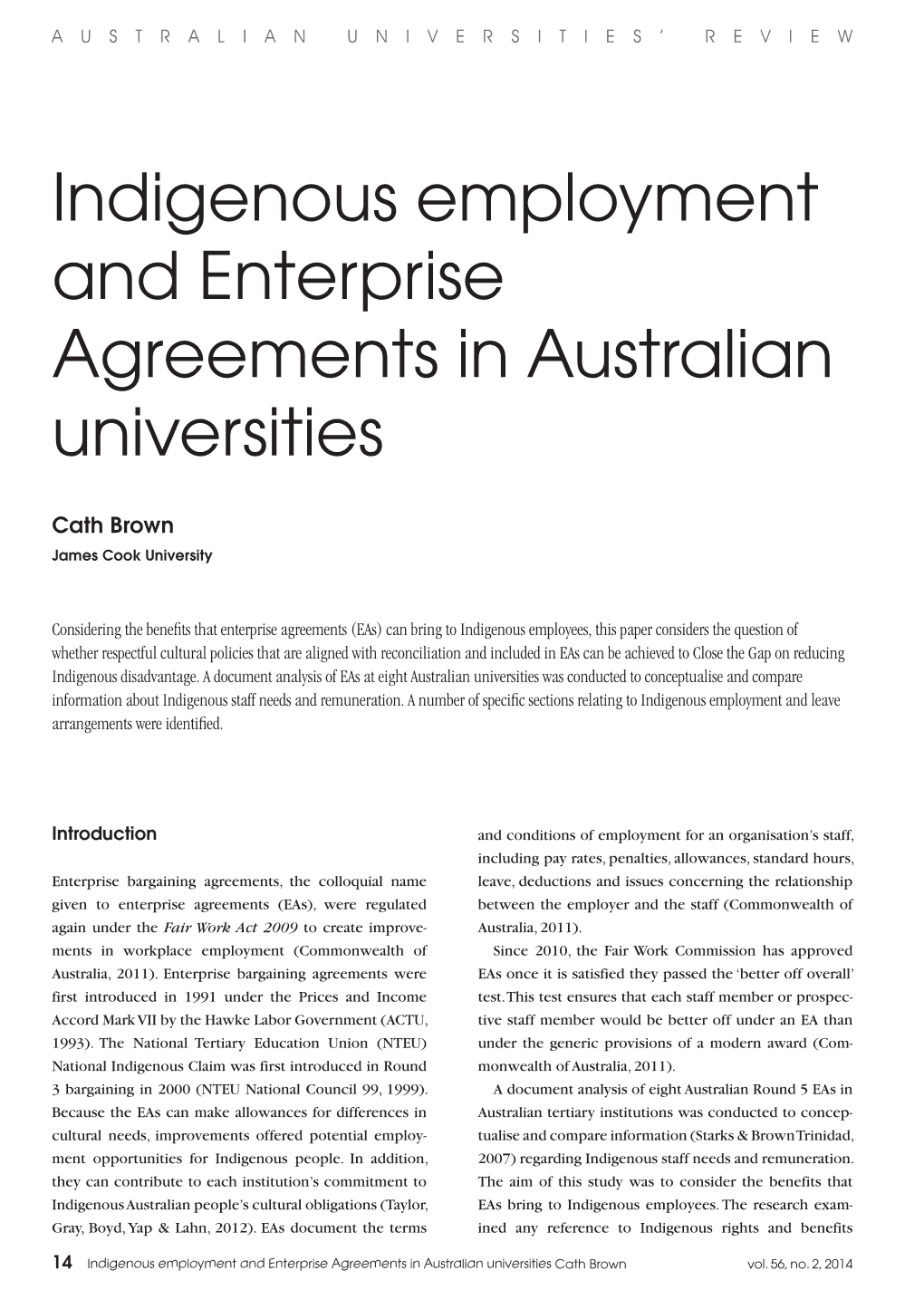 Indigenous Employment and Enterprise Agreements in Australian Universities