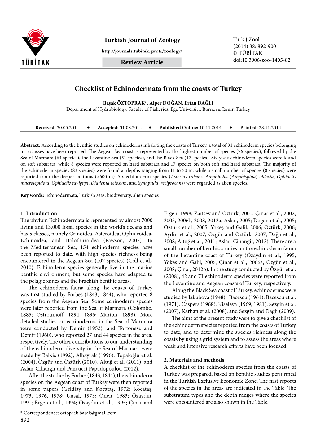 Checklist of Echinodermata from the Coasts of Turkey