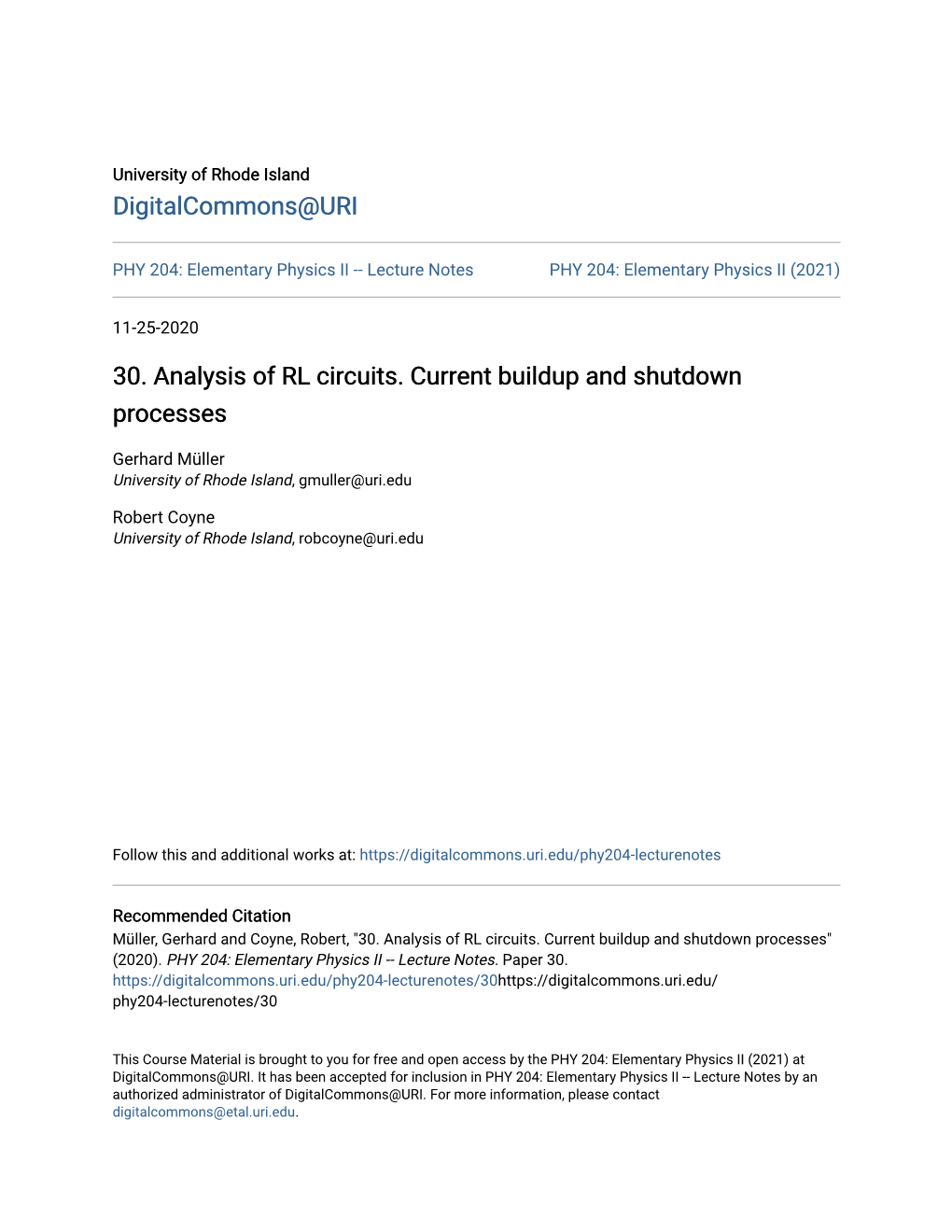 30. Analysis of RL Circuits. Current Buildup and Shutdown Processes