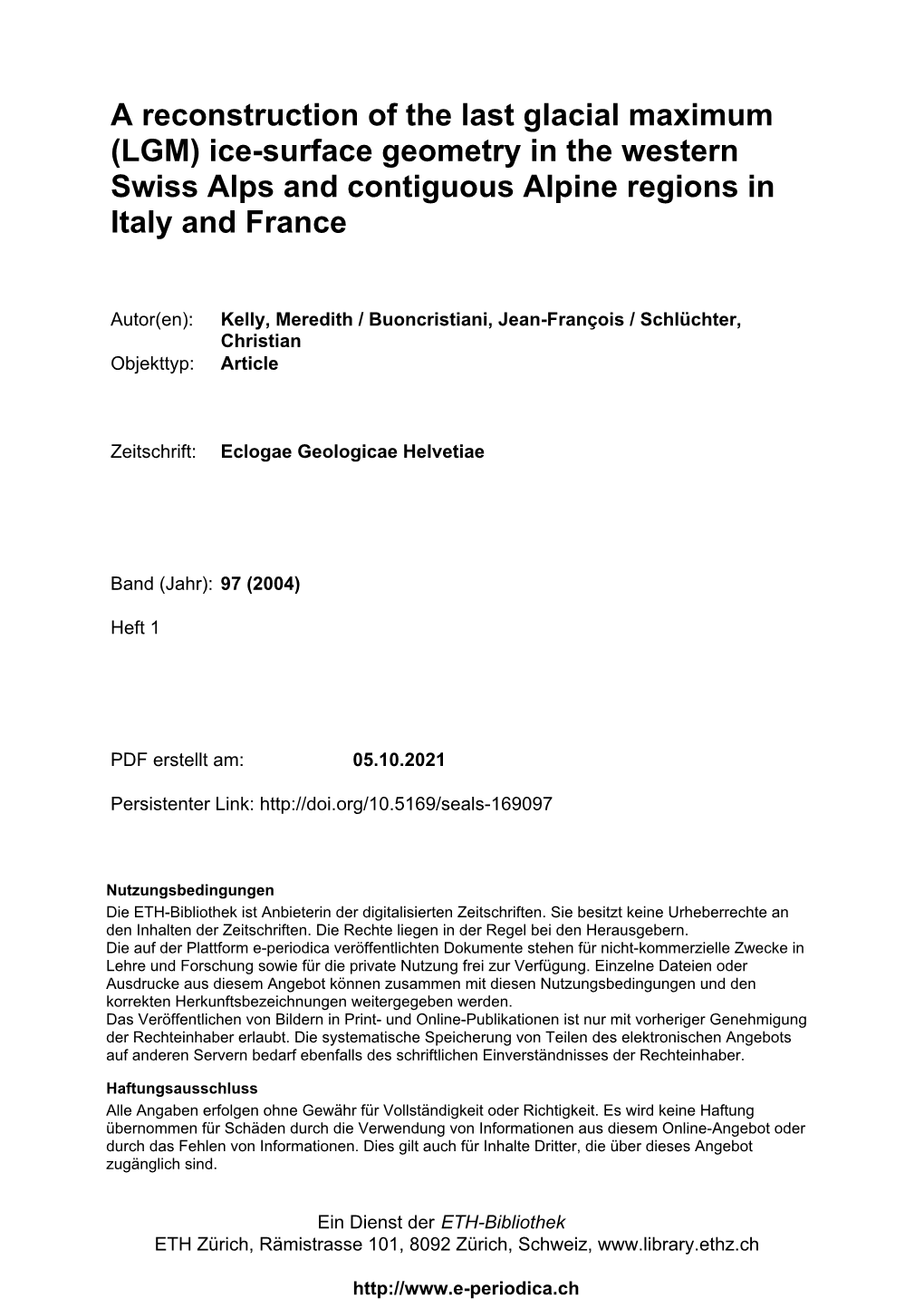 (LGM) Ice-Surface Geometry in the Western Swiss Alps and Contiguous Alpine Regions in Italy and France