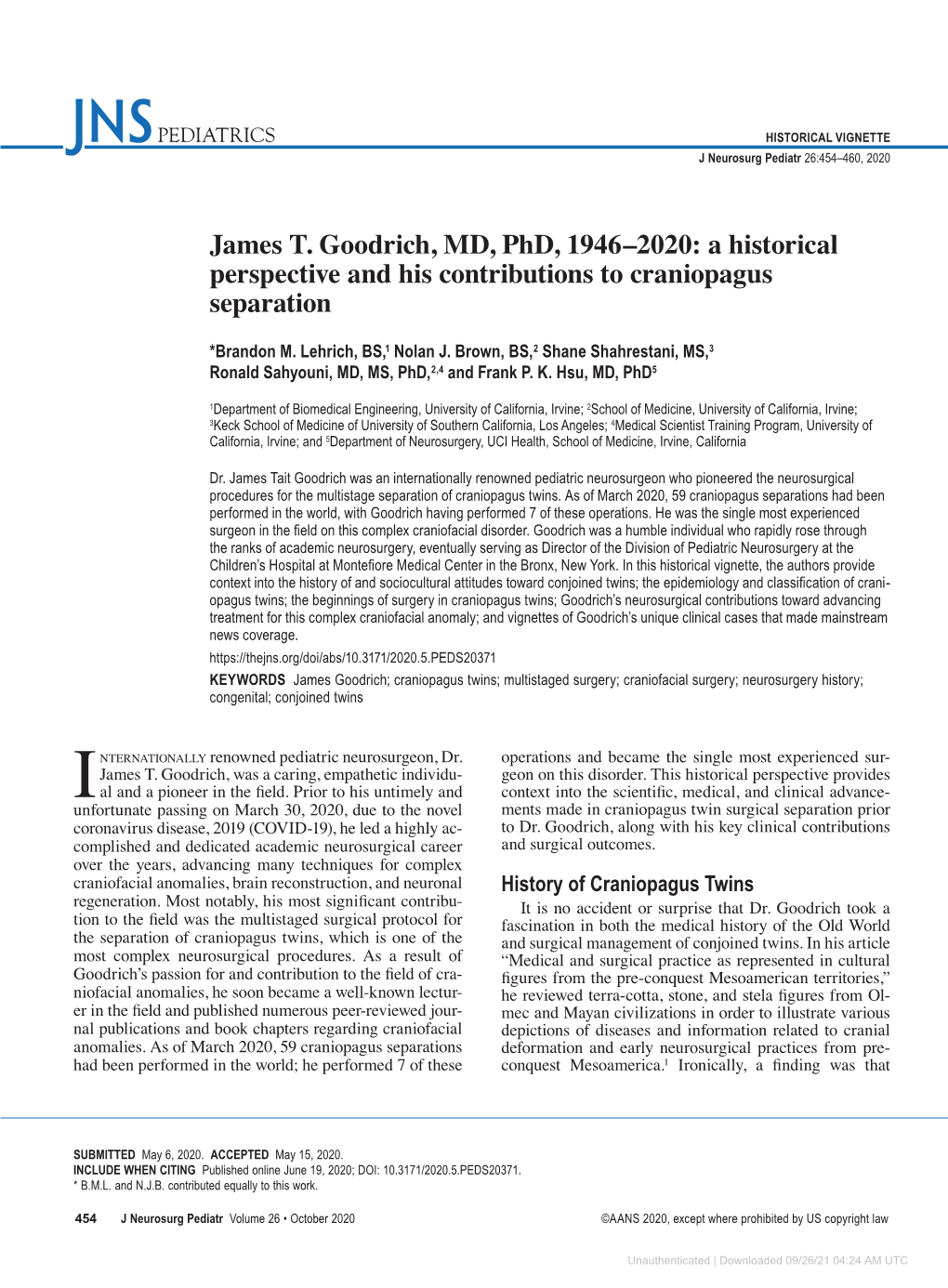 James T. Goodrich, MD, Phd, 1946–2020: a Historical Perspective and His Contributions to Craniopagus Separation