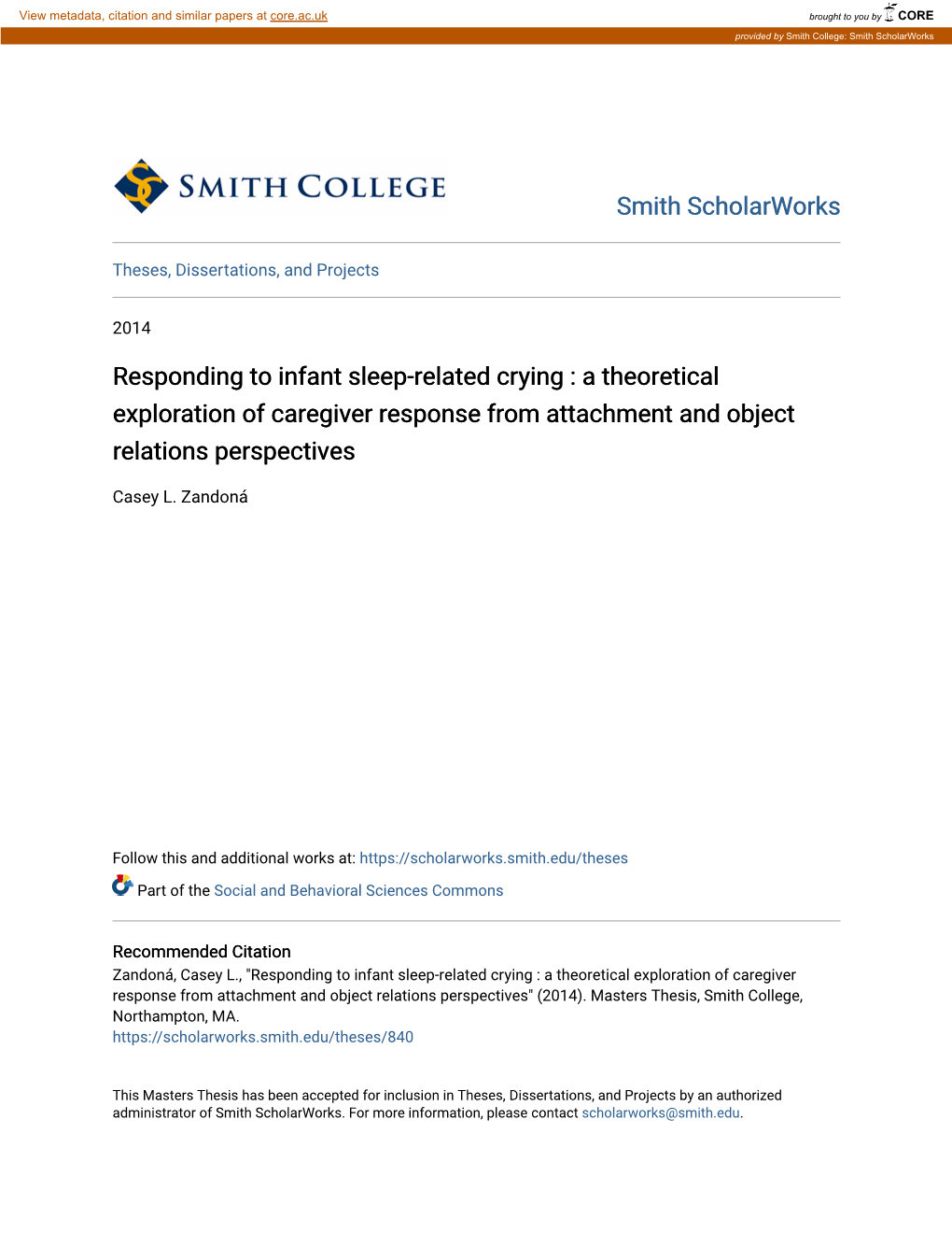 Responding to Infant Sleep-Related Crying : a Theoretical Exploration of Caregiver Response from Attachment and Object Relations Perspectives