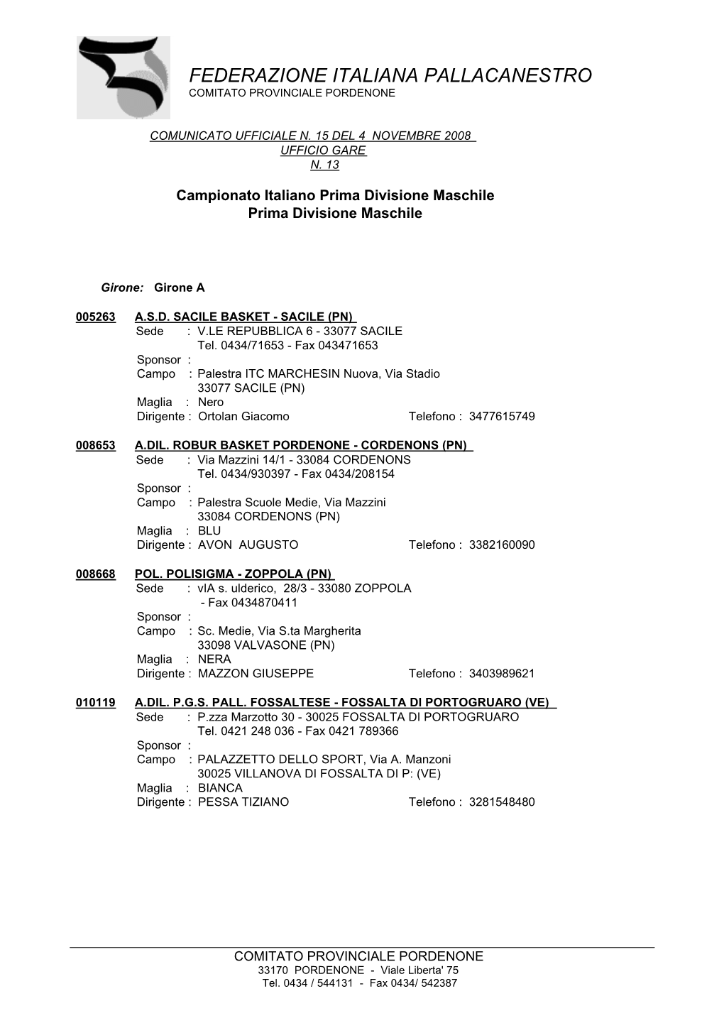 Federazione Italiana Pallacanestro Comitato Provinciale Pordenone