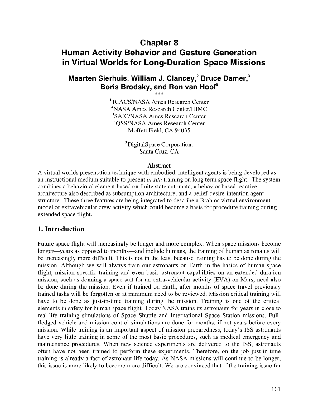Chapter 8 Human Activity Behavior and Gesture Generation in Virtual Worlds for Long-Duration Space Missions