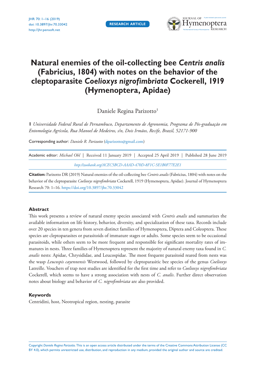 Natural Enemies of the Oil-Collecting Bee Centris Analis