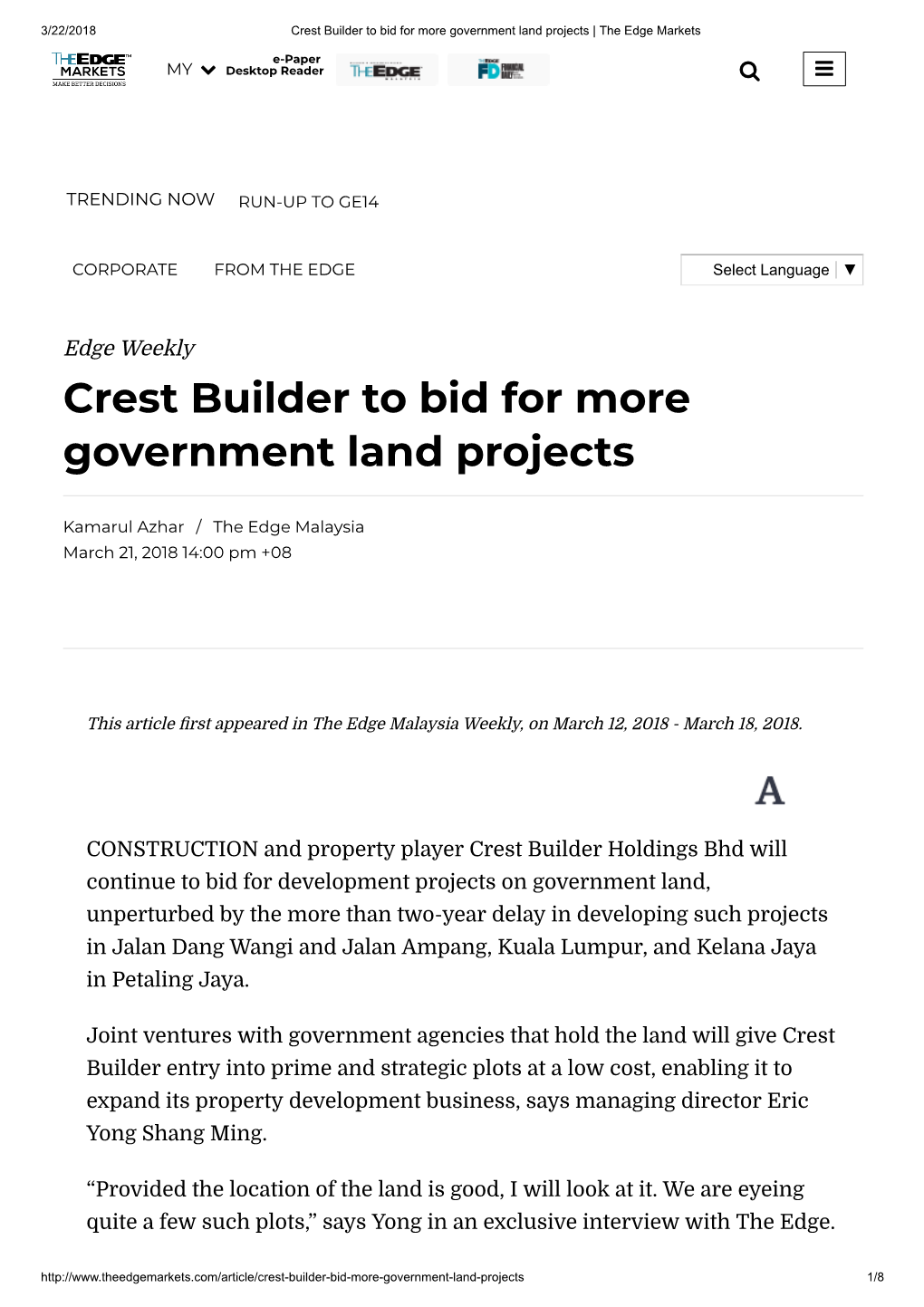 Crest Builder to Bid for More Government Land Projects | the Edge Markets