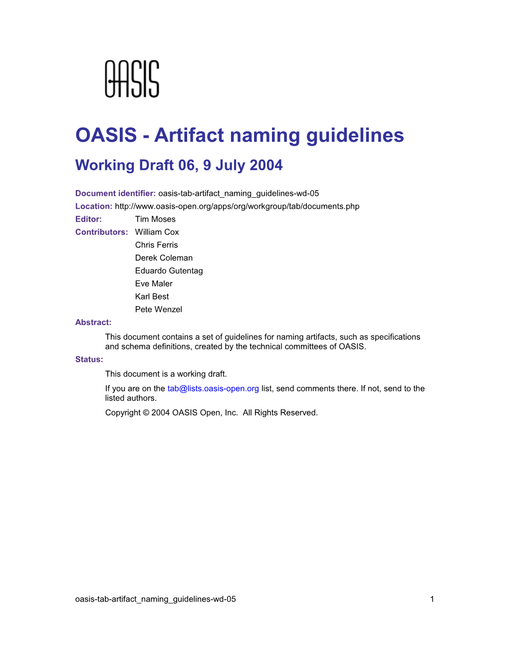 OASIS - Artifact Naming Guidelines s1