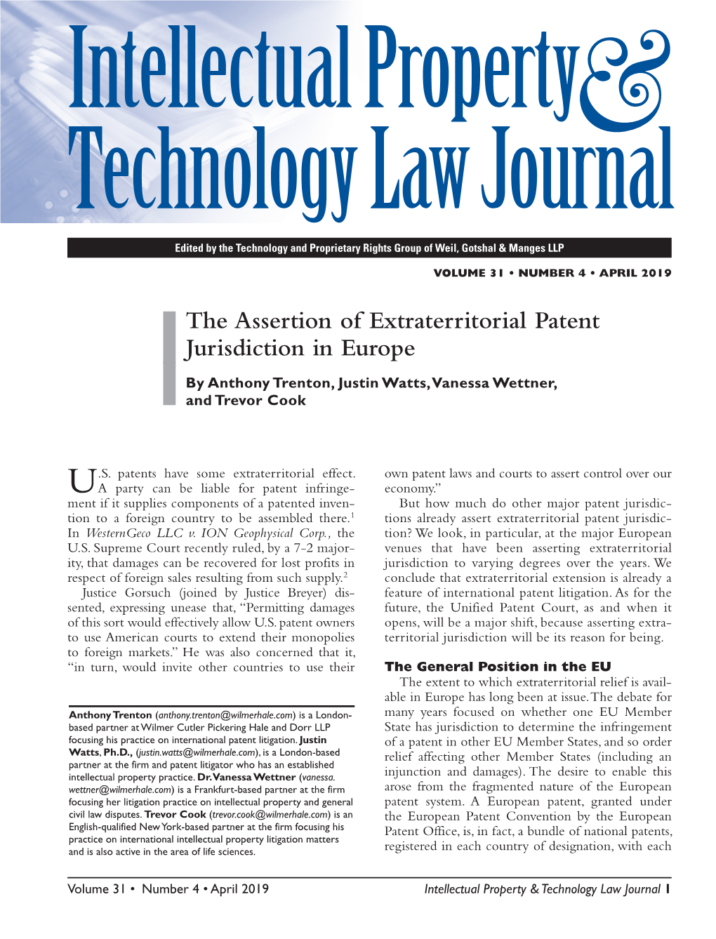 The Assertion of Extraterritorial Patent Jurisdiction in Europe