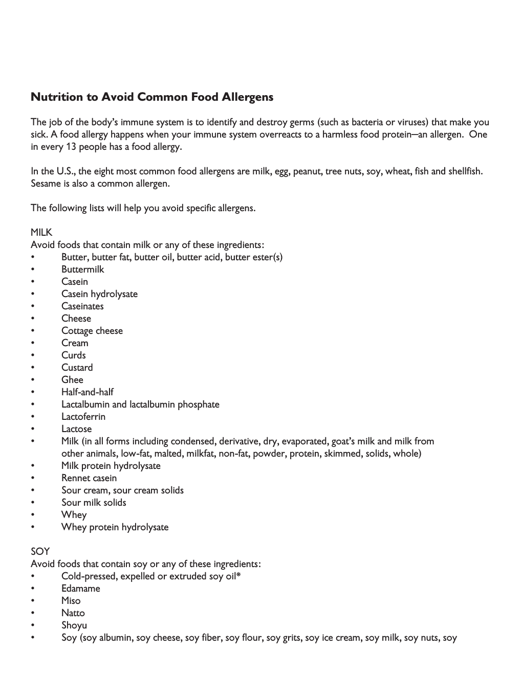 Nutrition to Avoid Common Food Allergens