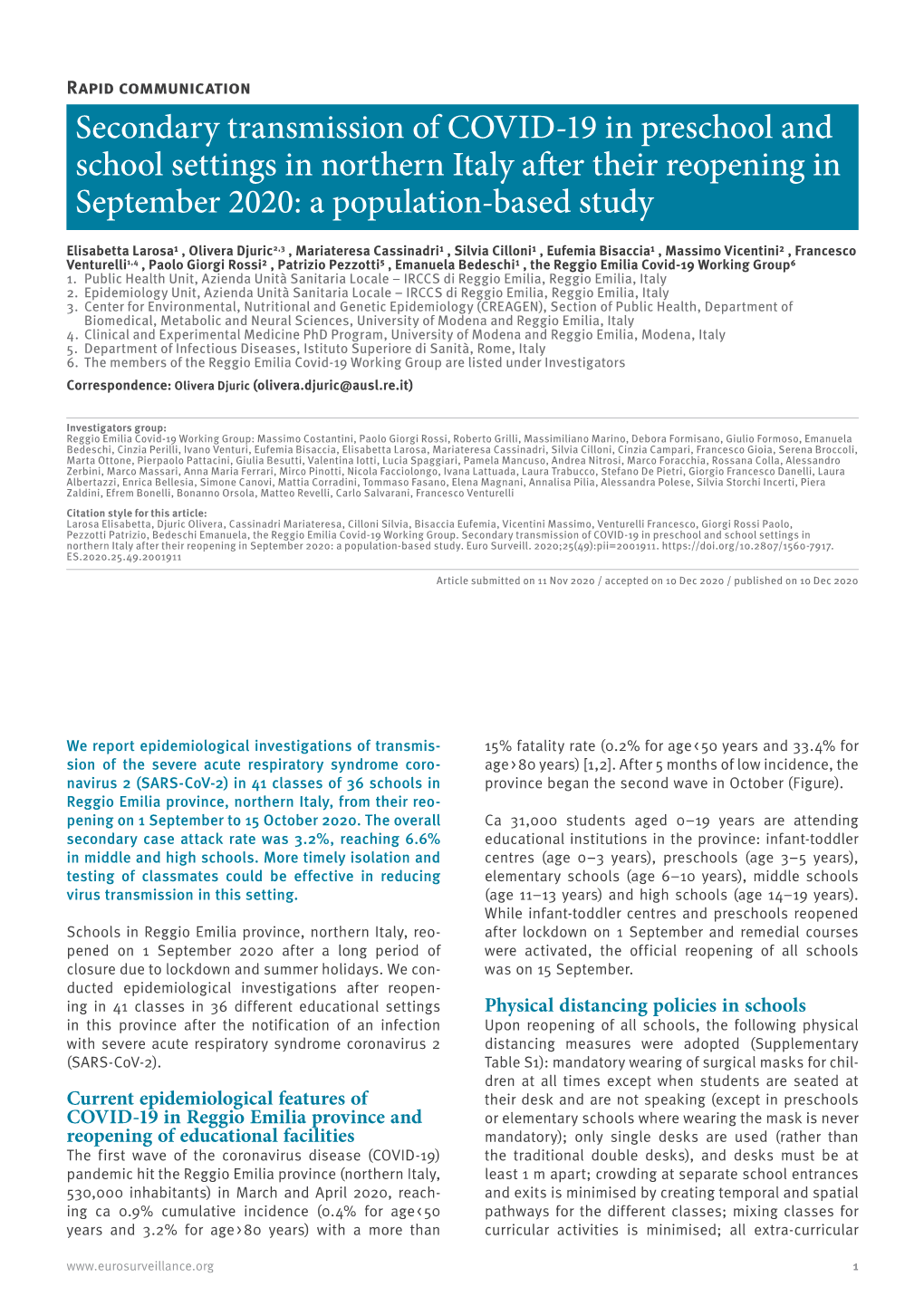 Secondary Transmission of COVID-19 in Preschool and School Settings in Northern Italy After Their Reopening in September 2020: a Population-Based Study