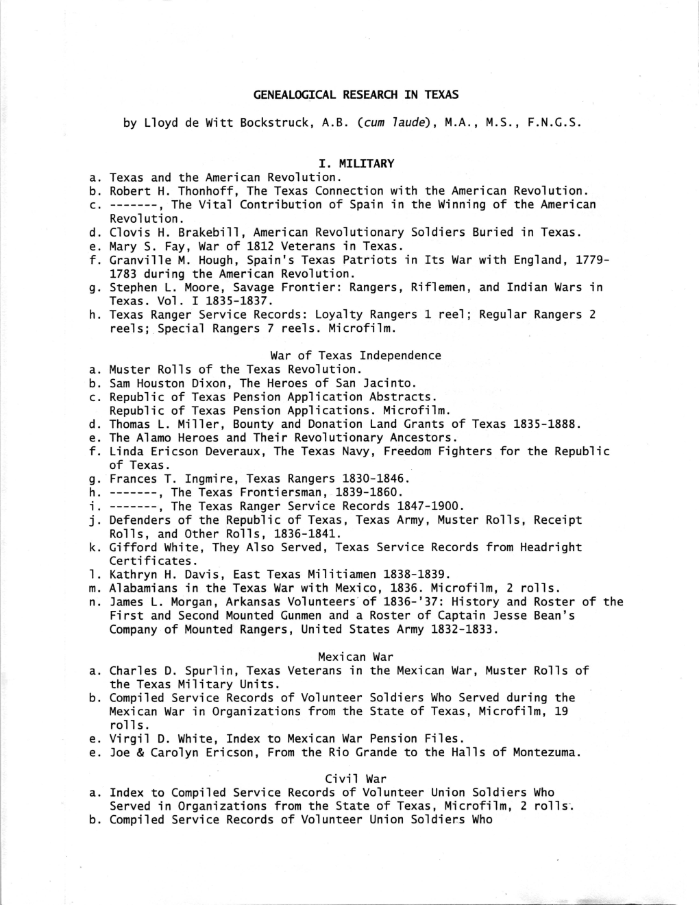 GENEALOGICAL RESEARCH in TEXAS by Lloyd De Witt Bockstruck, A.B