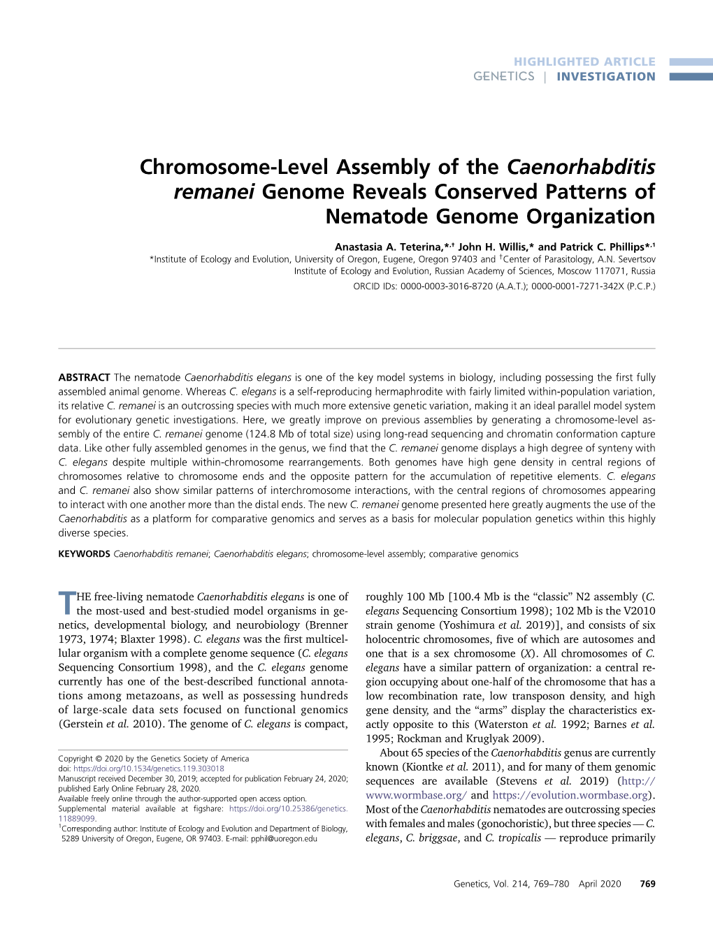 Chromosome-Level Assembly of the Caenorhabditis Remanei Genome Reveals Conserved Patterns of Nematode Genome Organization