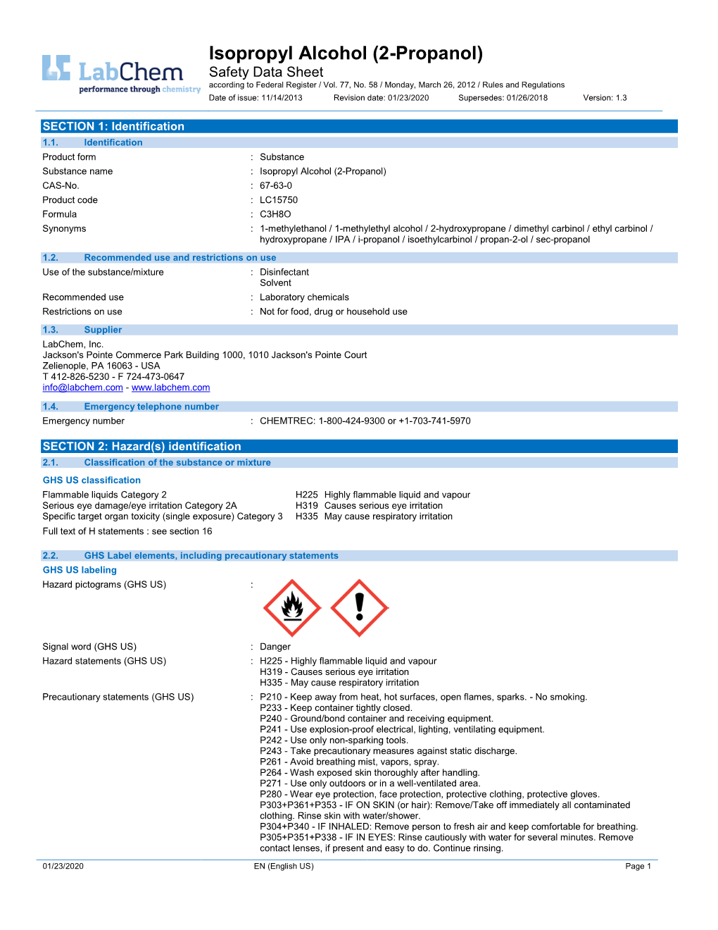 Isopropyl Alcohol (2-Propanol) Safety Data Sheet According to Federal Register / Vol