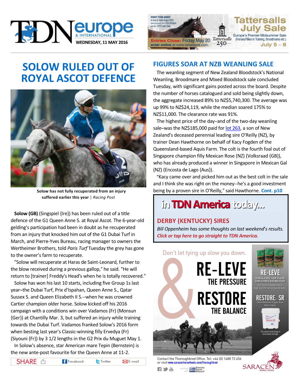 Solow Ruled out of Royal Ascot Defence