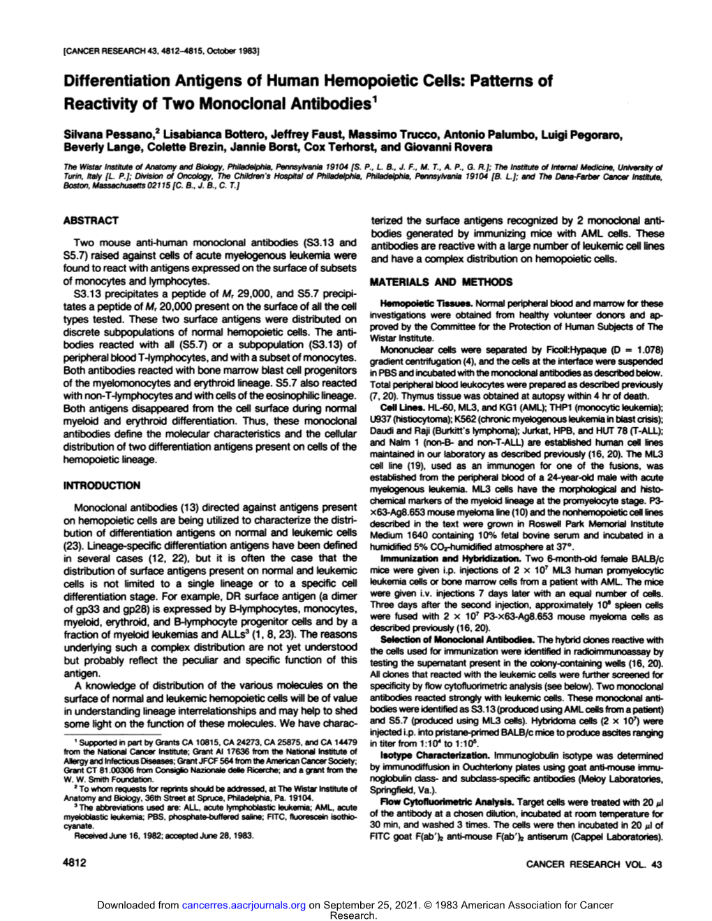 Differentiation Antigens of Human Hemopoietic Cells: Patterns of Reactivity of Two Monoclonal Antibodies1