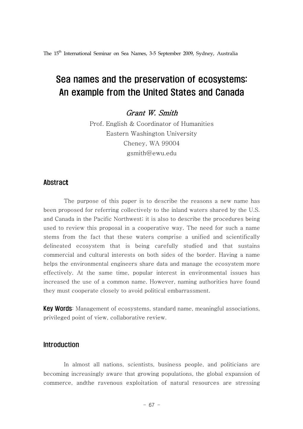 Sea Names and the Preservation of Ecosystems: an Example from the United States and Canada