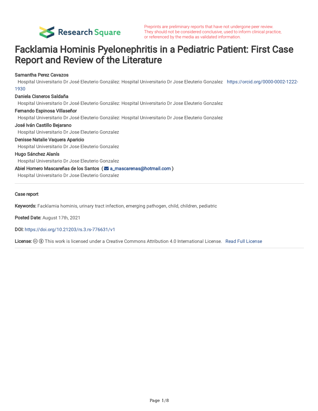 Facklamia Hominis Pyelonephritis in a Pediatric Patient: First Case Report and Review of the Literature