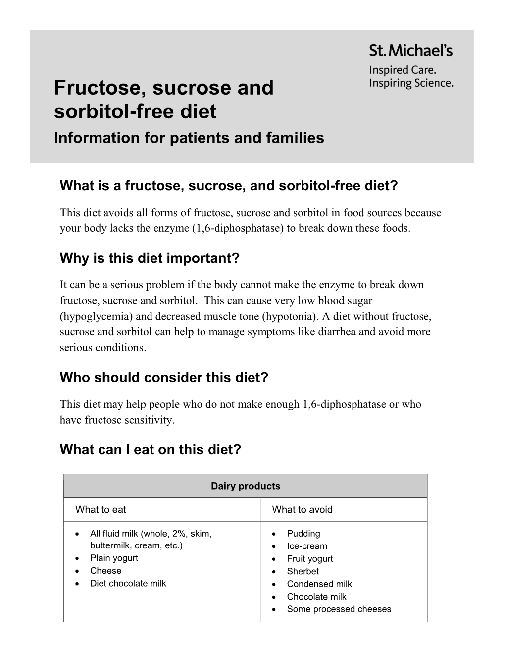 Fructose, Sucrose and Sorbitol-Free Diet Information for Patients and Families