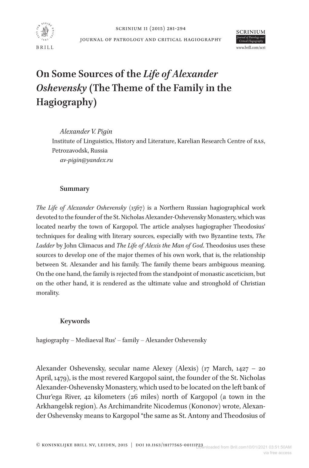 On Some Sources of the Life of Alexander Oshevensky (The Theme of the Family in the Hagiography)